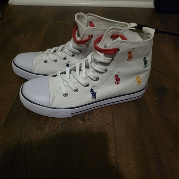 NWT-Polo Ralph Lauren White High-Top Sneakers with Multicolor Embroidery - Picture 4 of 16